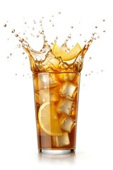 Ice cubes and Lemon wedge into a glass of coke, creating a dynamic brown liquid splash against white background.