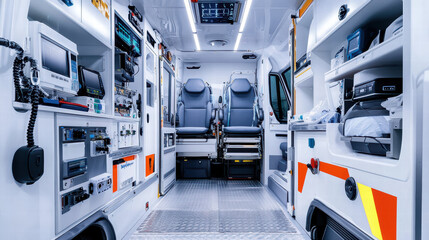 modern ambulance interior showcasing advanced medical equipment and technology, designed for emergency medical services. spacious layout emphasizes functionality and readiness for patient care