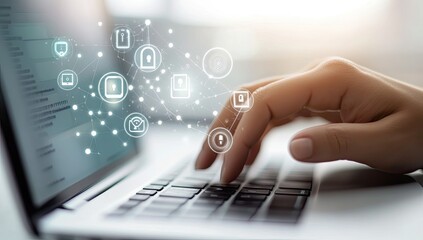 Secure online work.  Hands typing on a laptop, surrounded by digital security icons