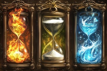 Ornate antique hourglasses, fire, earth, water elements, fantasy scene
