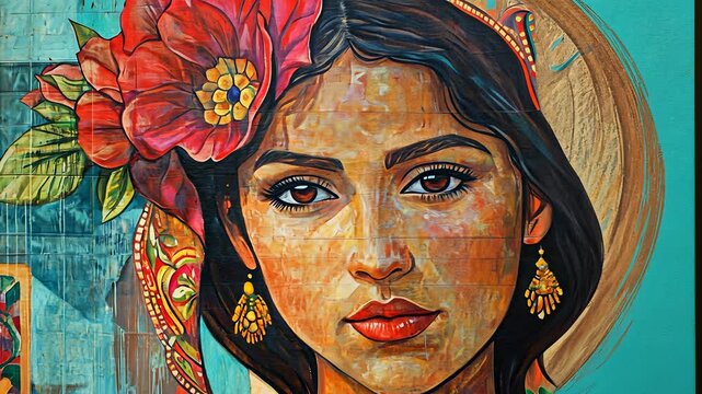 Colorful mural showcasing a woman with floral details in an urban setting during daylight
