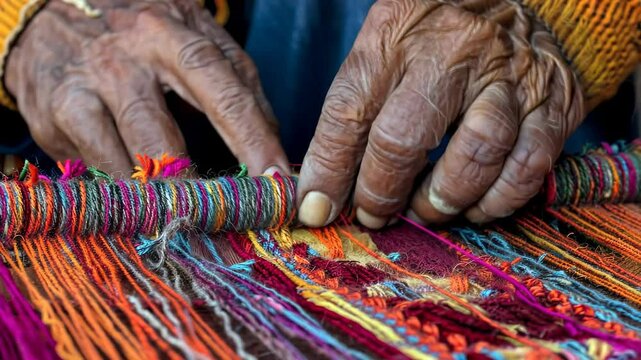 An artisan's skilled hands work on a loom, weaving colorful threads into a beautiful textile. The workshop is filled with rich hues and patterns, showcasing traditional craftsmanship.