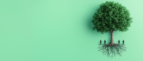 A stylized tree with people standing near its roots, set against a mint green background, symbolizes growth, connection, and environmental awareness.
