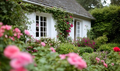 Beautiful cottage garden home covered with vines and flowers, Generative AI