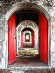 Fototapeta premium Vibrant Red Doors Framed by Arched Stone Walls in Historical Building