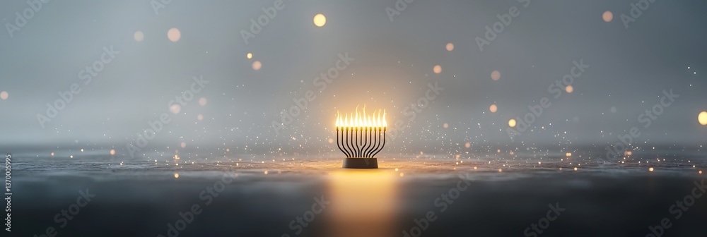 Poster A serene and mesmerizing 3D digital render depicting a glowing menorah suspended in a dark ethereal environment with a swirl of floating light particles surrounding it