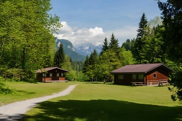 Rustic cabins nestled in a lush forest, mountain backdrop
