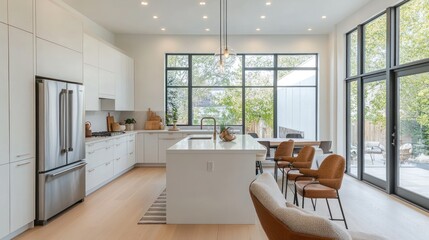 Fototapeta premium Modern Kitchen with Backyard View, Interior Design, Spacious, Bright, Home, Modern Style, Ideal for