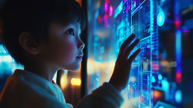 Child Interacting with Futuristic Digital Interface