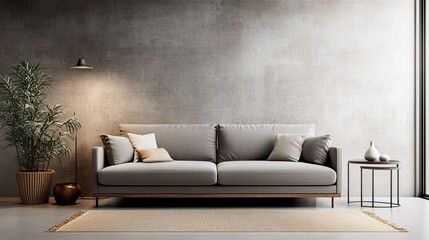 Minimalist Living Room with Gray Sofa, Plant and Concrete Wall , Interior , Design