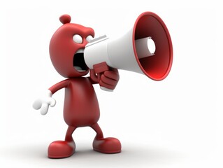 3d cartoon character with megaphone pointing at red  alert  text on white background