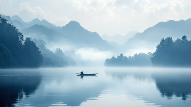 A lone rower on a misty lake surrounded by mountains