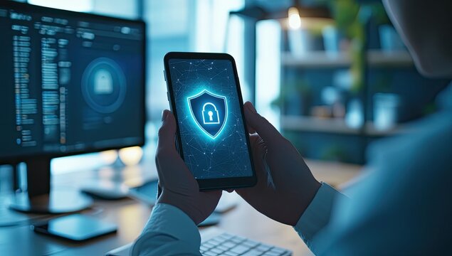 Mobile device security displayed on a tablet.  Hands holding a tablet showing a security shield graphic