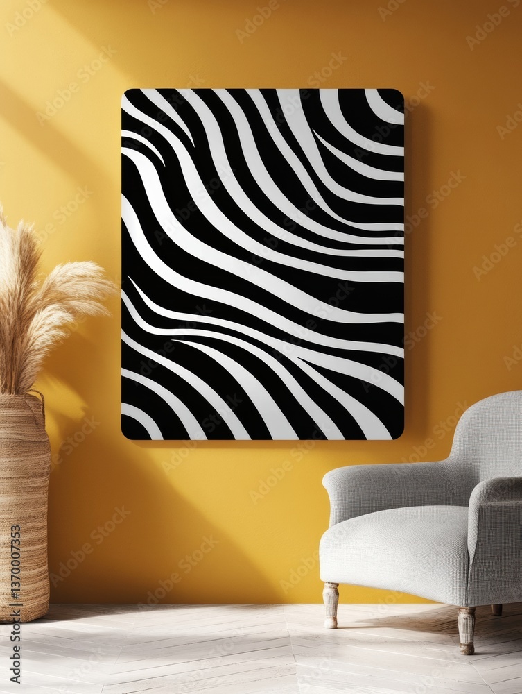 Poster bold modern abstract pattern featuring minimalistic black and white wavy lines on a striking yellow 