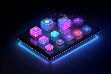 Isometric scene of a sleek black tablet with glowing cubes displaying app interfaces and tech icons