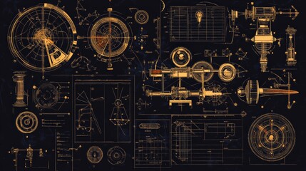 Intricate Golden Diagrams and Compass Illustrations on Dark Background
