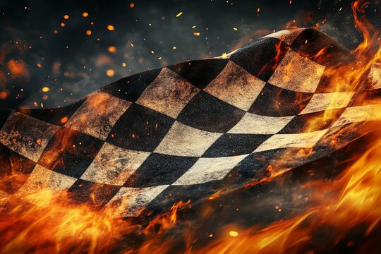 A checkered racing flag engulfed in vibrant flames and sparks