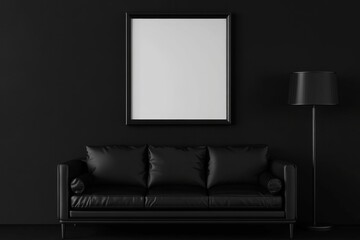 Black framed poster, modern living room interior, dark furniture, minimalist design