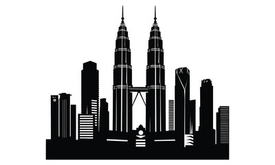 Kuala Lumpur City Skyline Silhouette, Vector, Icon, Logo, White Background.