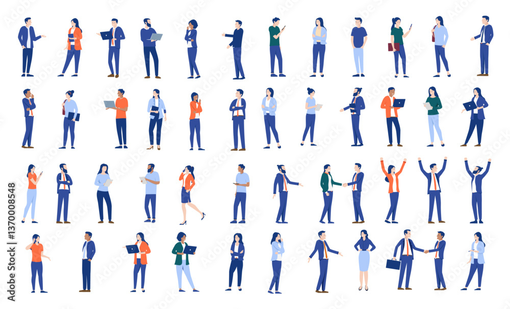 Fototapete Businesspeople and working people vector collection - Set of business characters graphics standing, doing work, using computers and talking in side view flat design