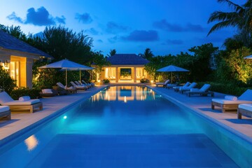 Illuminated pool at dusk with lounge chairs and a covered structure reflecting light on water transparent background