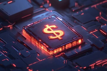 Obraz premium Glowing dollar sign on a computer chip symbolizes the fusion of finance and technology, representing concepts like fintech, cryptocurrency, digital transactions, and the future of money