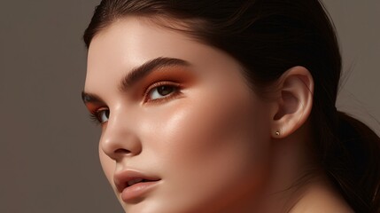 Fototapeta premium Close-up Portrait of a Young Woman with Warm Makeup and Subtle Gold Earring
