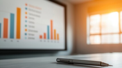 A pen rests on a desk in front of a vibrant bar graph displayed on a screen, suggesting a focus on data analysis or business presentations.