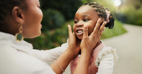 Love, bonding and black mother with daughter in park for support, trust and smile. Embrace, happiness and care with woman and girl on family trip outdoor for peace, comfort and affection together