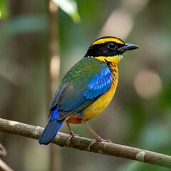 Fototapeta premium The Malayan Banded Pitta – A Strikingly Patterned Songbird With Vivid Yellow, Blue, and Orange Feathers