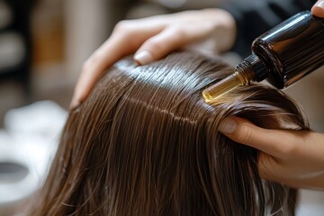 Fototapeta premium Cosmetologist trichologist applying serum on young woman's hair, lady lying on table in luxury spa salon