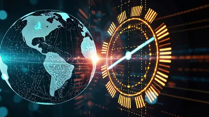 A vibrant depiction showcases a glowing Earth surrounded by digital elements and a futuristic clock, illustrating the interaction of technology and global communication. - Powered by Adobe