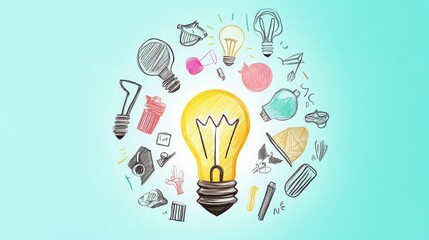 Sketch Style Light Bulb Ideas on Blue, Creativity, Innovation