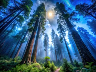 Obraz premium Foggy Redwood Forest Night Photography - Mystical Redwood Trees, Night Scene, Dark Forest, Atmospheric Photography