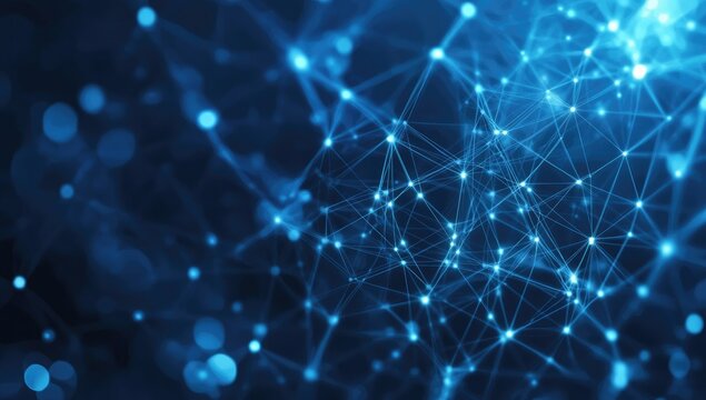 Abstract Blue Digital Network Background with Connected Lines Dots and Bokeh Effect Creates a Futuristic Technological Ambiance