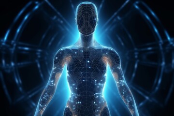 Stylized glowing avatar surrounded by data streams and curved lines within a transparent shield