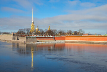 View of the Peter and Paul Fortress on an April morning. Historical center of Saint Petersburg