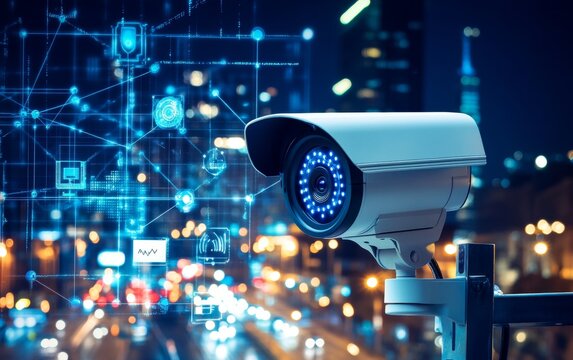 Modern security camera in urban dusk setting, showcasing connectivity and safety in blue and white - Powered by Adobe