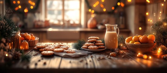 Christmas cookies and milk on rustic wooden table