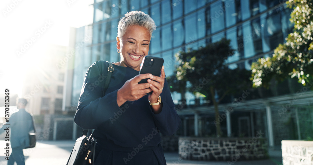 Poster happy, phone and business with woman in city for stock market report, reading and investment app. tr