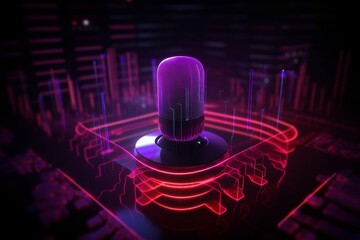 Futuristic ai voice assistant interface with neon mic and dynamic sound bars in purple and red
