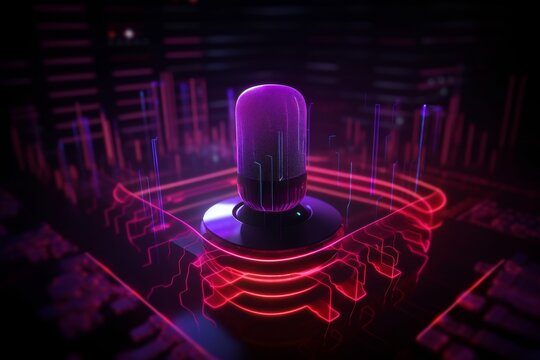 Futuristic ai voice assistant interface with neon mic and dynamic sound bars in purple and red