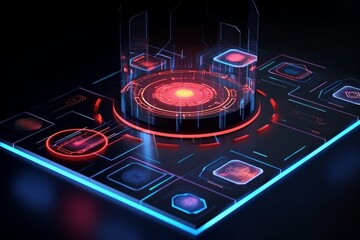 3d isometric cybersecurity dashboard featuring glowing fingerprint reader and facial outline design
