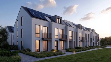 Obraz premium Modern Residential Building with Solar Panels at Sunset
