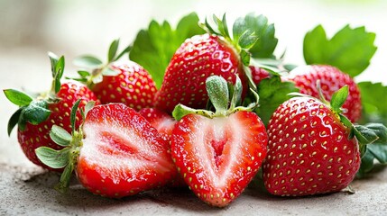 Fresh Ripe Strawberries Cut in Half with Green Leaves Background