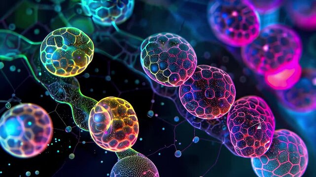 A vivid microscopic view captures colorful cells and their intricate structures, highlighting patterns and textures that reveal biological complexity and diversity.