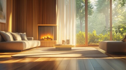 Fototapeta premium Modern living room with fireplace and garden view. Interior design inspiration