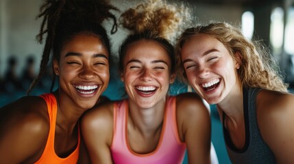 Fototapeta premium Group of three young, diverse female athletes celebrate their healthy and active lifestyle in a sports studio, smiling and laughing together while wearing sporty fitness clothes.