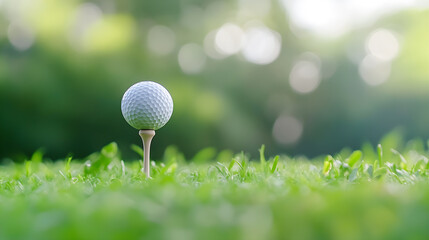 A golf ball is sitting on a tee in a grassy field