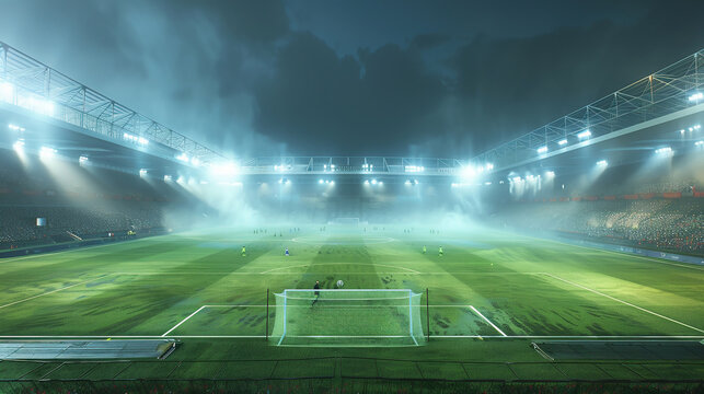 textured soccer game field with neon fog - center, midfield. Empty soccer stadium with spotlight and fan tribune football team. Concept of live sport events, tournament